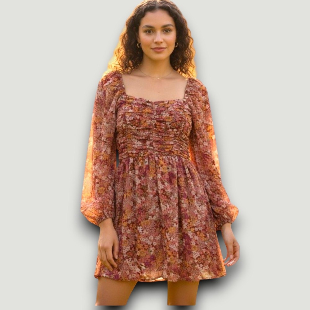Crystal Doll Dress Orange XS Floral Mini‎ Chiffon Cottagecore Coquette Prairie